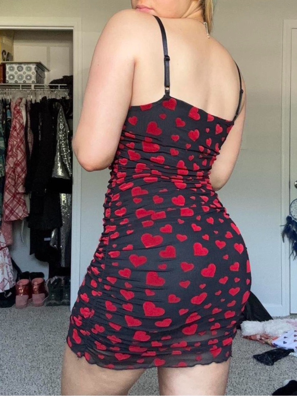 Sugar Thrillz Black Mesh Mini Bodycon Dress with Red Heart Print Size M